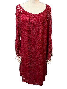 Honeyme Burgundy Lace Boho Mini Dress Bell Sleeve Tassel Trim Cottagecore Sz L